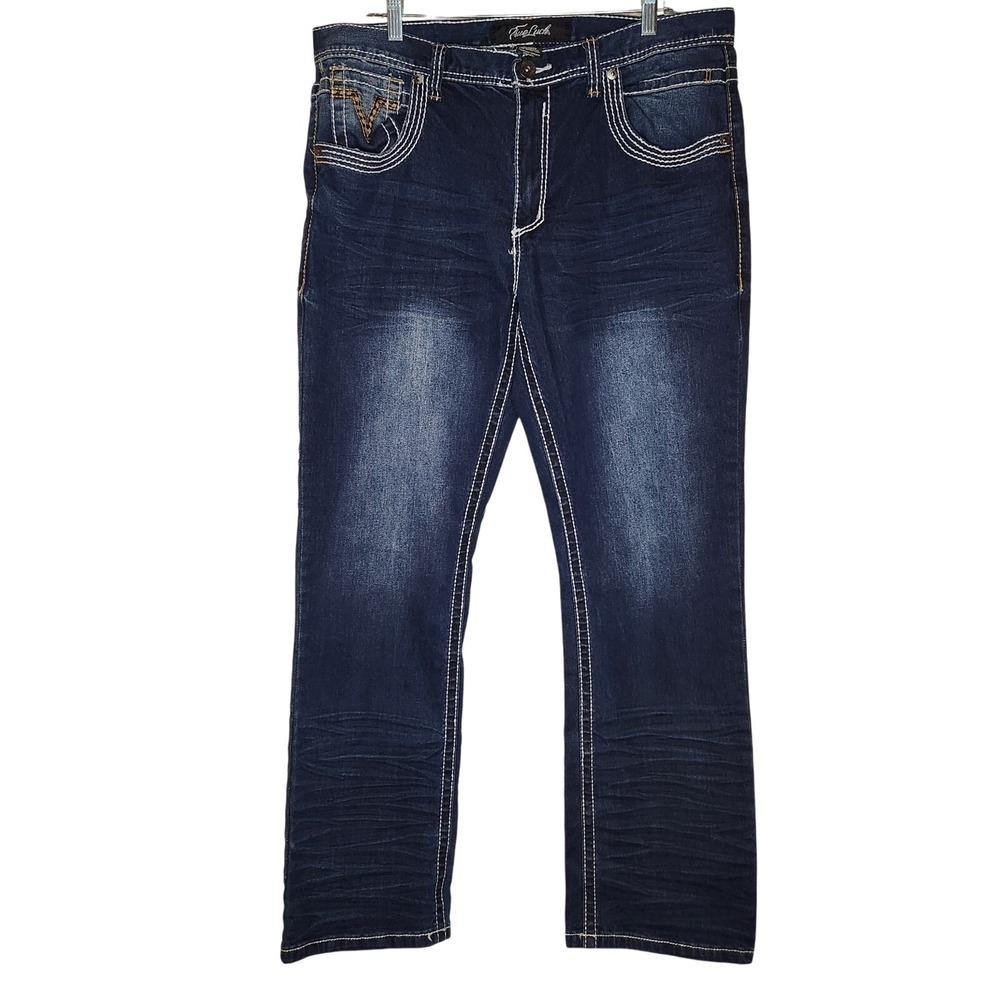 TRUE LUCK Livingston Jeans Mens 36 x 32 Bootcut Dark Wash Whiskering Stiching